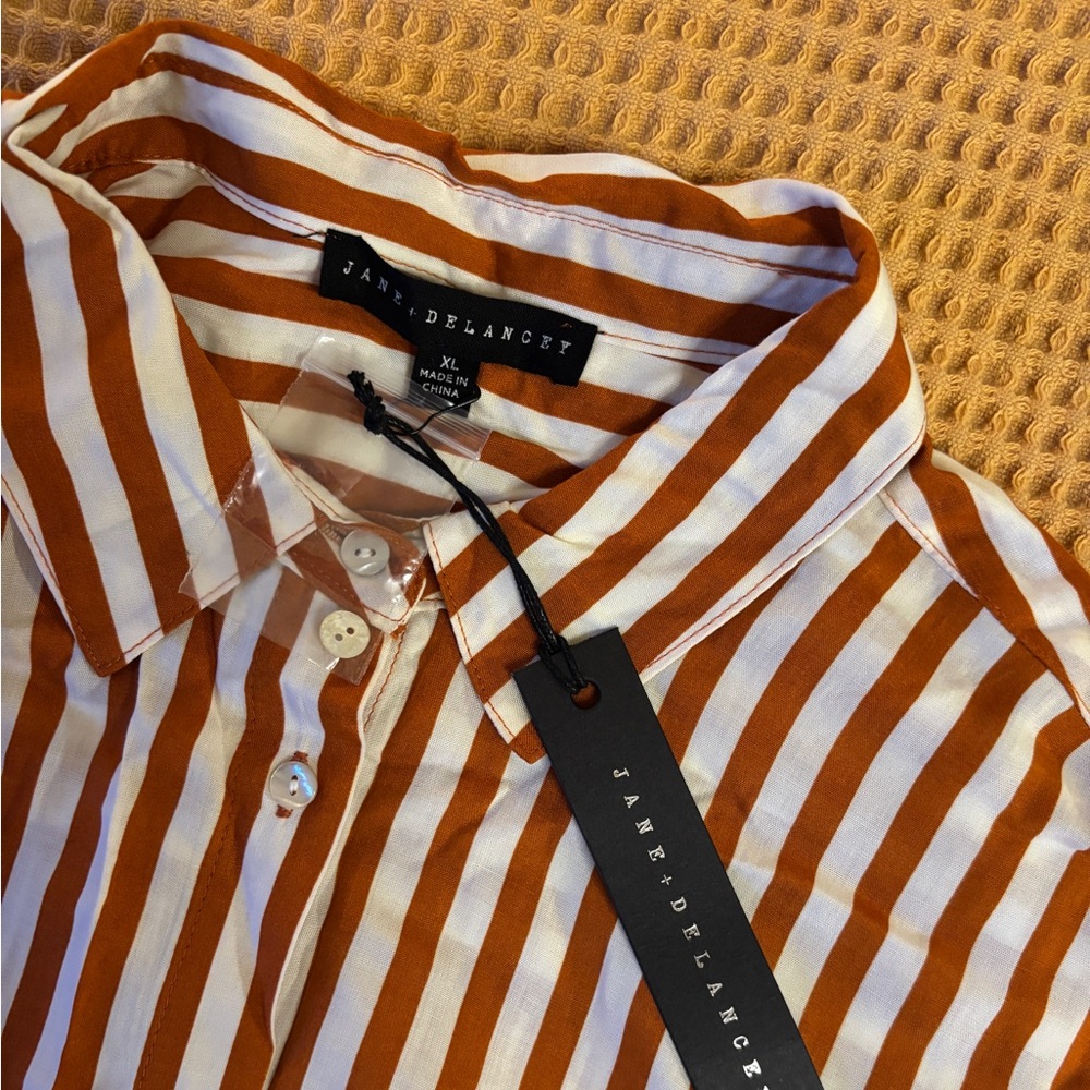 NWT Jane+Delancey Women’s Short-Sleeve Striped Orange & White Button-Down Blouse - Picture 13 of 14